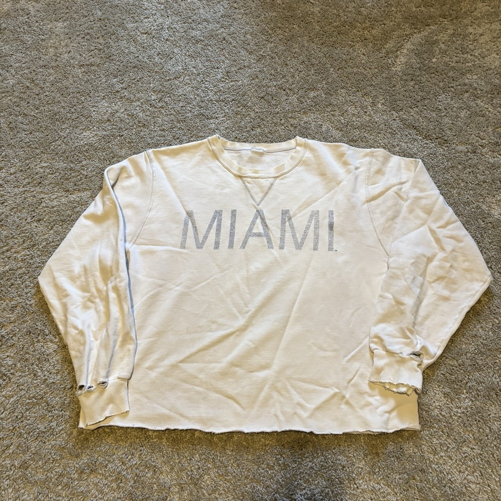 Vintage Y2K Champion Miami Cropped Distressed Crewneck Men's Large Boxy Cream
